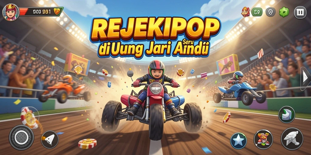 Screenshot gameplay REJEKIPOP menampilkan balapan seru di trek menantang.